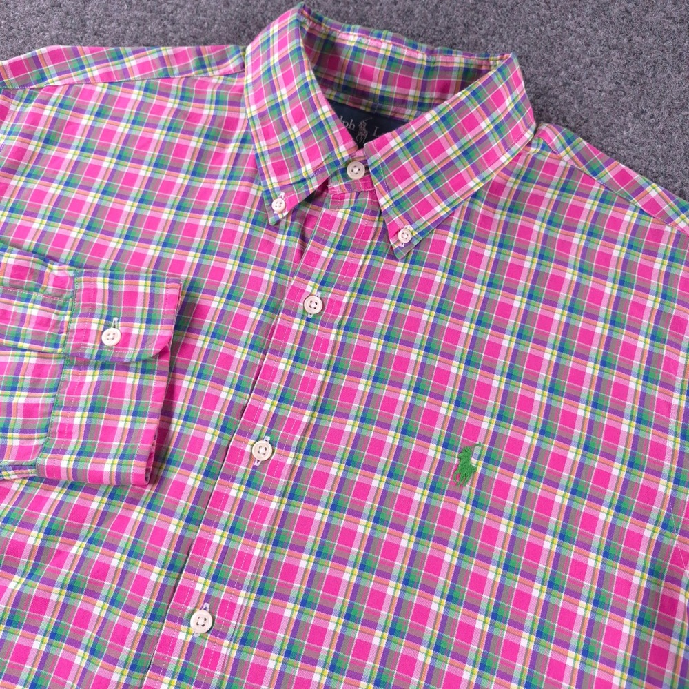 Polo Ralph Lauren Mens Large Pink Green Plaid Button Down Shirt Long Sleeve L